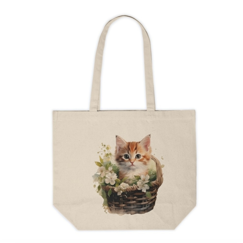 Floral Cat in a Basket Custom Canvas Tote Bag